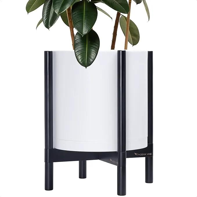 D'vine Dev Planter Pot with Stand - 14 Inch Plastic Cylinder Flower Pot with Wood Planter Holder for Indoor, Matte White Pot + Ebony Stand, 55-C-T-1 by GreenHaven Gardens