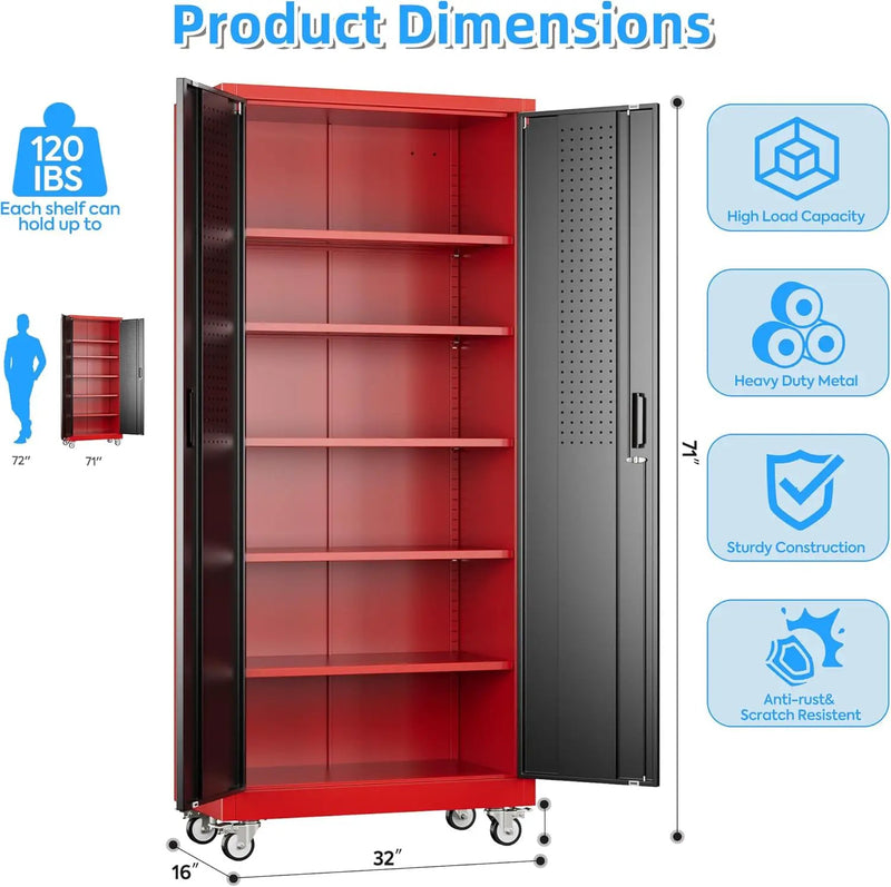 71" H×32" W×16" D Garage Storage Cabinet with Wheels, Locking Metal Storage Cabinet with 5 Adjustable Shelves, 4 Hooks and Pegboard for Garage, Home Office, Kitchen, Black and Red by GreenHaven Gardens