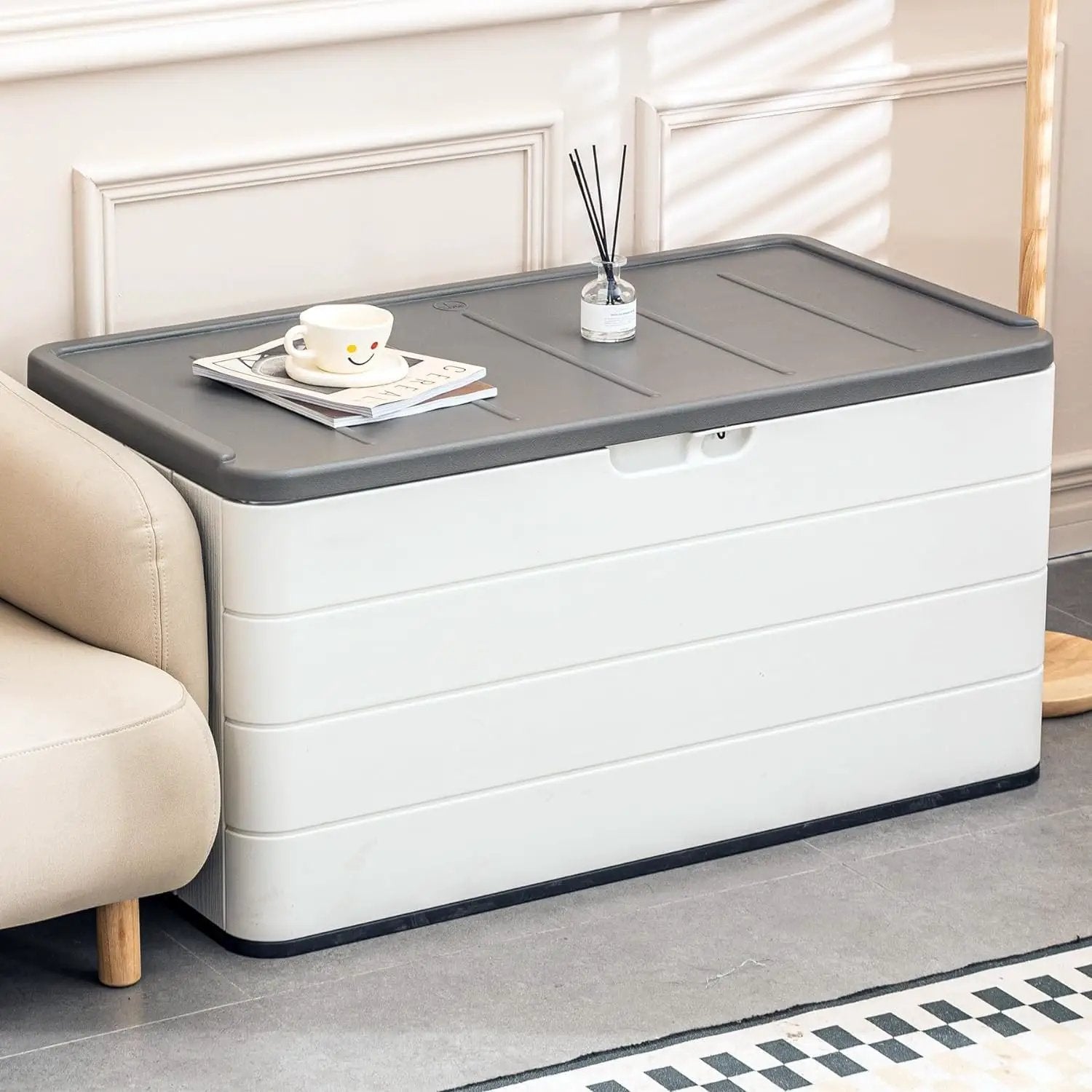 100 GAL Resin Deck Box - Lockable Waterproof Outdoor Storage Bench for Patio Cushions, Garden Tools & Pool Accessories - Wood-Look Texture, White by GreenHaven Gardens