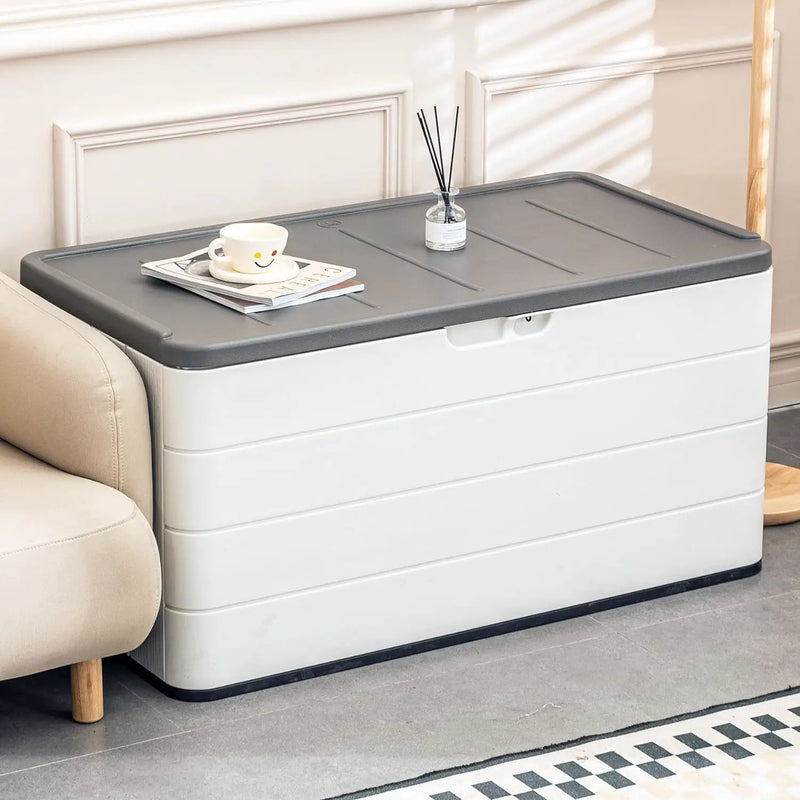 100 GAL Resin Deck Box - Lockable Waterproof Outdoor Storage Bench for Patio Cushions, Garden Tools & Pool Accessories - Wood-Look Texture, White by GreenHaven Gardens