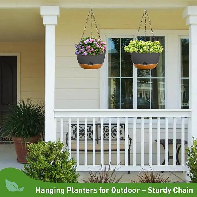 8 Inch Hanging Planters for Indoor & Outdoor Plants (2 Pack) - Self-Watering & Drainage Flower Pots with 2 Kinds of Plant Hangers for Home Decor & Garden (Deep Gray, 8 in) by GreenHaven Gardens