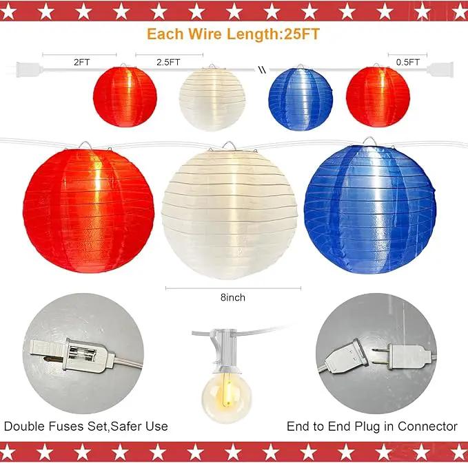 25FT Red White Blue Lantern String Lights Plug in, Large Lantern 4th of July Decor Lights with 10 G40 LED Bulbs, Chinese Hanging Outdoor Patio Lanterns for Independence Day Memorial Patriotic Party by GreenHaven Gardens