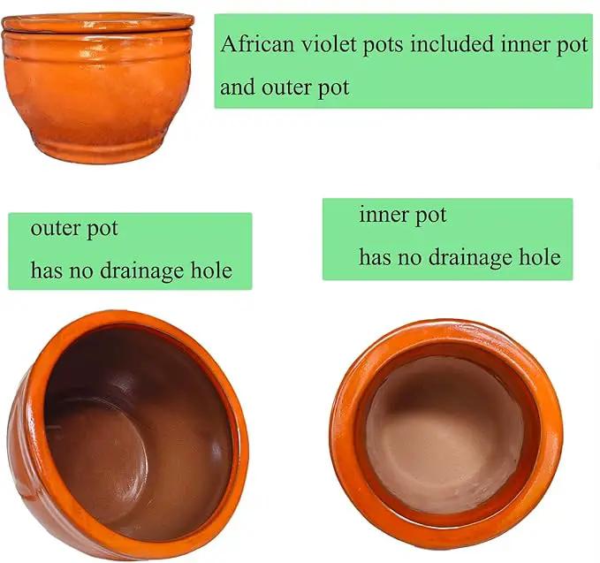 African Violet Pots Self Watering Round Ceramic Violet Pot (Orange, 6 inch) by GreenHaven Gardens