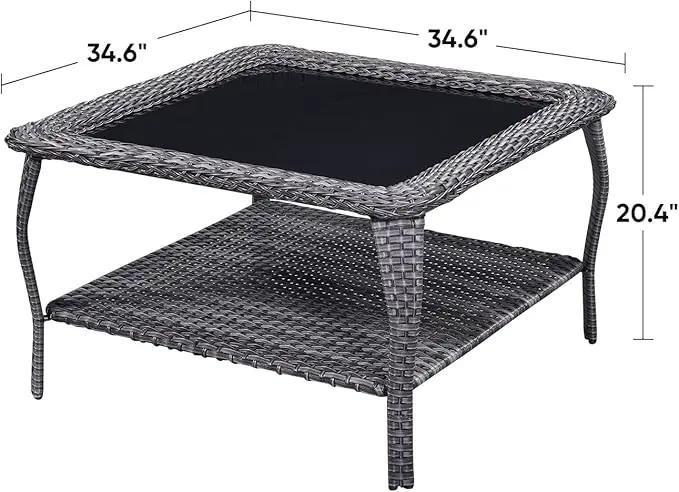 Patio Tables Outdoor Coffee Table - Wicker Rattan Coffee Tables with 2-Tier Storage Shelf Glass Top for Proch Deck Balcony Garden Squre Mixed Grey by GreenHaven Gardens