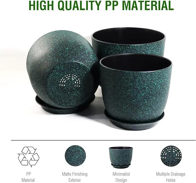 Plant Pots 10/9/8 inch, Set of 3 Modern Decorative Plastic Planters with Drainage Holes and Saucers for Garden House Plants, Flower Pots for Indoor Outdoor Plants, Black with Green Speckles by GreenHaven Gardens