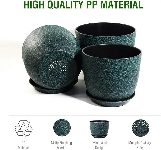 Large Flower Pots 12/10/9 inch, Set of 3 Decorative Plastic Planters with Drainage Holes and Saucers for Garden House Plants, Plant Pots for Indoor Outdoor Plants, Black with Green Speckles by GreenHaven Gardens