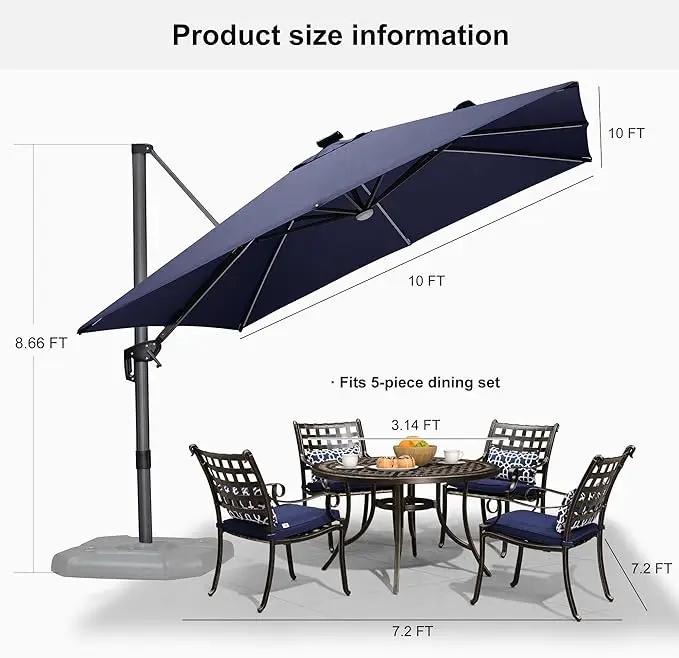 PURPLE LEAF 10 Feet Patio Umbrella with Base Outdoor Cantilever Solar Powered LED Square Umbrella Aluminum Offset Umbrella with 360-degree Rotation for Garden Deck Pool Patio Navy by GreenHaven Gardens