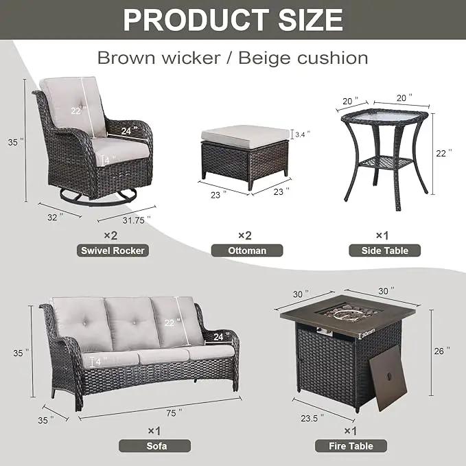 Outdoor Patio Furniture Set with Propane Fire Pit Table, 7 Pieces Wicker Patio Conversation Set with 2 Swivel Glider Rocker Chair Rattan Sofa Beige Cushion Perfect for Casual Gathering by GreenHaven Gardens