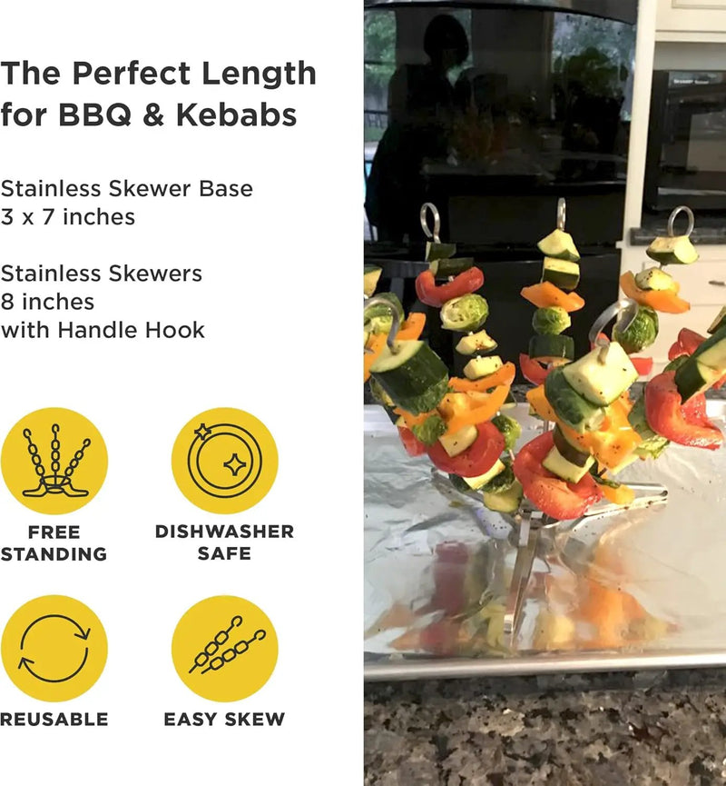 O-Yaki Flat Metal Kabob Skewer for Grilling – Set of 9 BBQ Skewers Stainless Steel with Storage Bag, Dishwasher Safe Skewers with Hook Handle & Sharp Tip for Outdoor BBQ, Cookouts & Oven Use – 8 Inch by GreenHaven Gardens