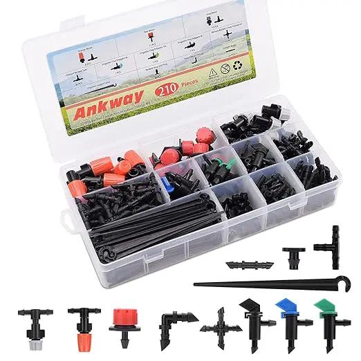 1/4 Drip Irrigation Fittings, 210 Pcs 1/4 Drip Irrigation Connectors Irrigation Fittings Kit for Flower Pot Garden Lawn (Spray,Micro Dripper,Straight Barbs,Tees,Elbows,End Plug,4-Way Coupling) by GreenHaven Gardens