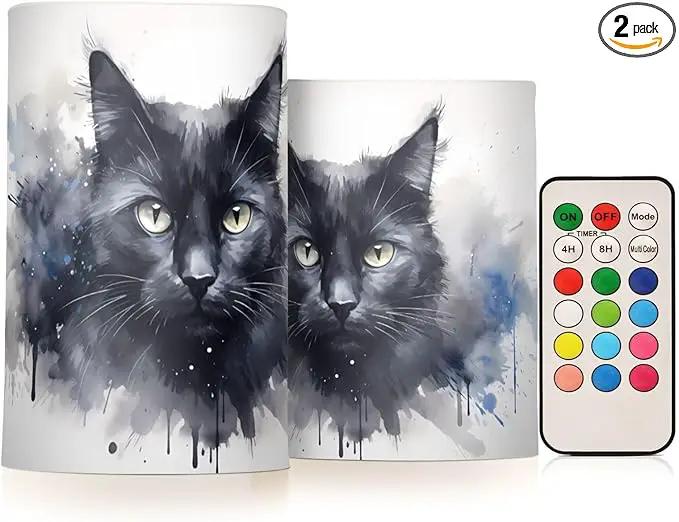 Flickering Flameless Candles, Black Cat Print LED Candles with Remote Timer, Set of 2 Battery Operated Candle for Valentine Wedding Birthday by GreenHaven Gardens
