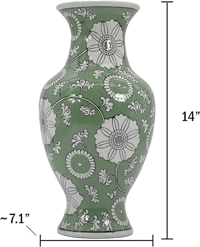 Galt International Floral Chinoiserie Ceramic Vase 14" - Hand Painted Antique Style Porcelain Flower Bottle Fishtail Porcelain Chinese Vase for Home Decor Centerpiece by GreenHaven Gardens