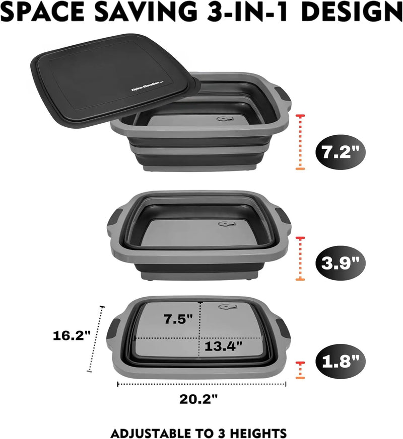 Collapsible X-Large (16L) BBQ Marinating Tub w/Cutting Board | Multipurpose Food-Grade TPE Prep Tub w/Lid | Built-In Colander & Drain Plug - For Camping | Tailgate | Picnic - Slate Black by GreenHaven Gardens