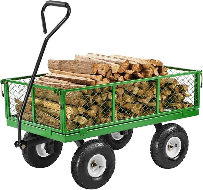 VEVOR 900 Lbs Steel Garden Cart on Wheels, Heavy Duty Pullable Garden Wagon Yard Cart, Outdoor Metal Utility Wagon with 10" Tires and Mesh Removable Sides(Convert to Flatbed), and 180°Rotating Handle by GreenHaven Gardens