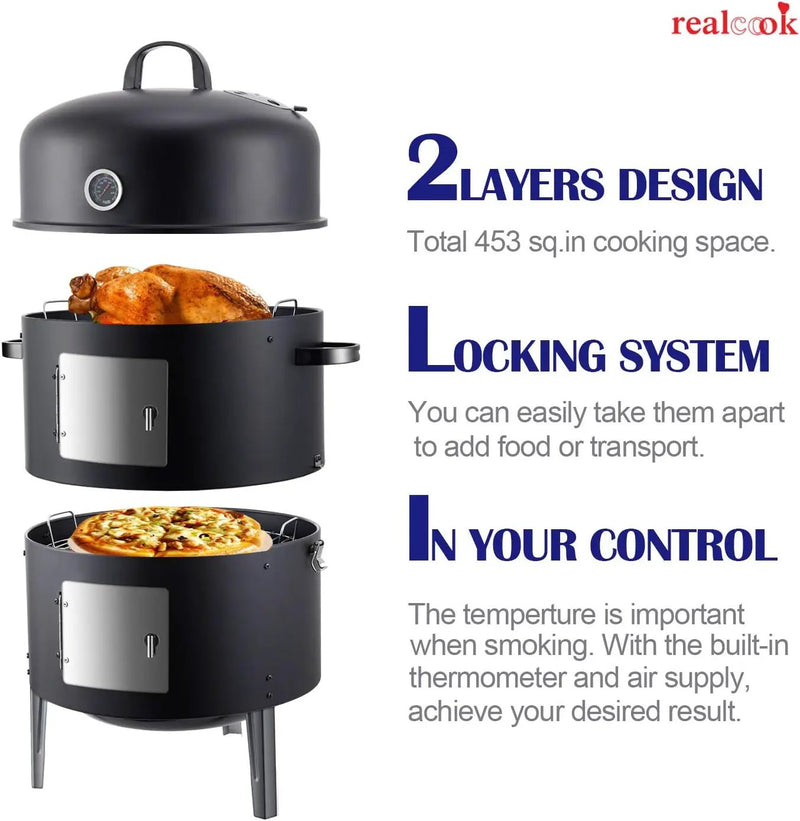 Realcook Vertical 17 Inch Steel Charcoal Smoker, Heavy Duty Round BBQ Grill for Outdoor Cooking, Black by GreenHaven Gardens