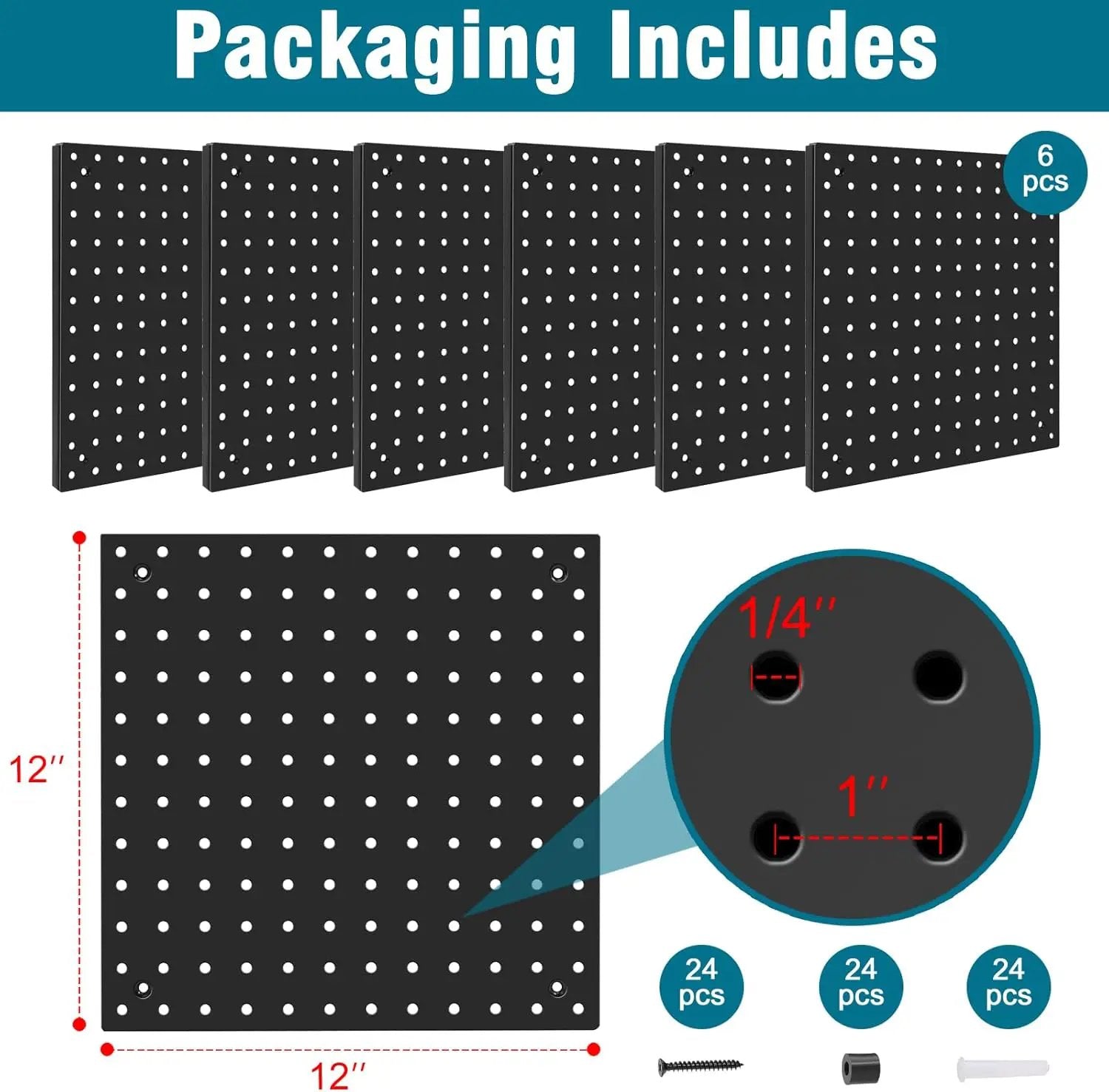 Peg Board,Steel Organization Panels, Ideal for Garage Tool Storage, Office Organization, Craft Room, Kitchen,Pack of 6(Black, 6-12X12) by GreenHaven Gardens
