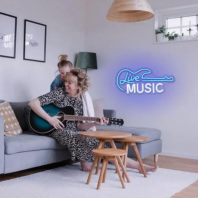 Guitar Neon Sign Blue White Live Music for Wall Decor Dimmable Guitar Led Light up Sign Letter Neon Signs Art Decorative Lights for Music Studio Live Streams Nightclub by GreenHaven Gardens