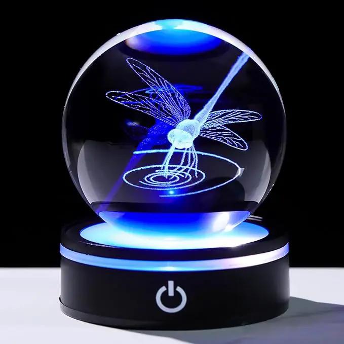 YWHL Crystal Ball 3D Dragonfly Figurine with LED Base, Dragonfly Gifts for Men Women on Christmas Birthday, Glass Animals Insect Sphere Decorative Ball for Home Decor (80mm) by GreenHaven Gardens