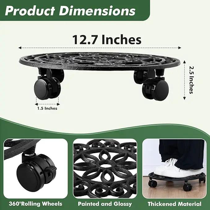 2 Packs Rolling Plant Stand with Wheels Metal Plant Caddy with Wheels Heavy Duty 13'' Round Plant Stand Indoor Iron Plants Rollers for Plants, Plant Dolly with Plant Saucers by GreenHaven Gardens