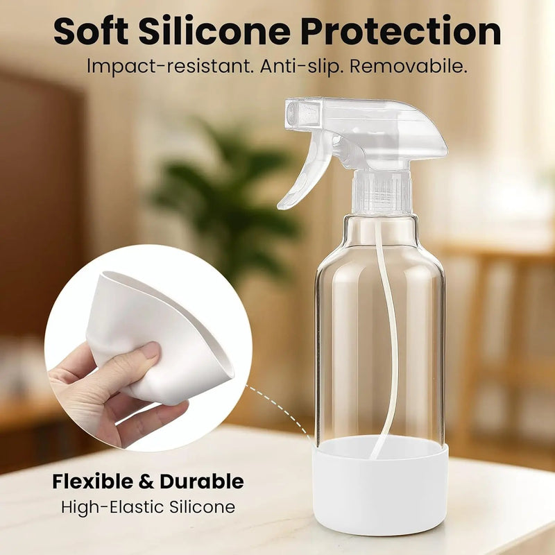 Glass Spray Bottles with Silicone Sleeve 16.9oz 2 Pack Empty Spray Bottle for Hair Mist/Stream Spraying for Cleaning Solutions, Plants, Essential Oils (clear-qblue&white) by GreenHaven Gardens