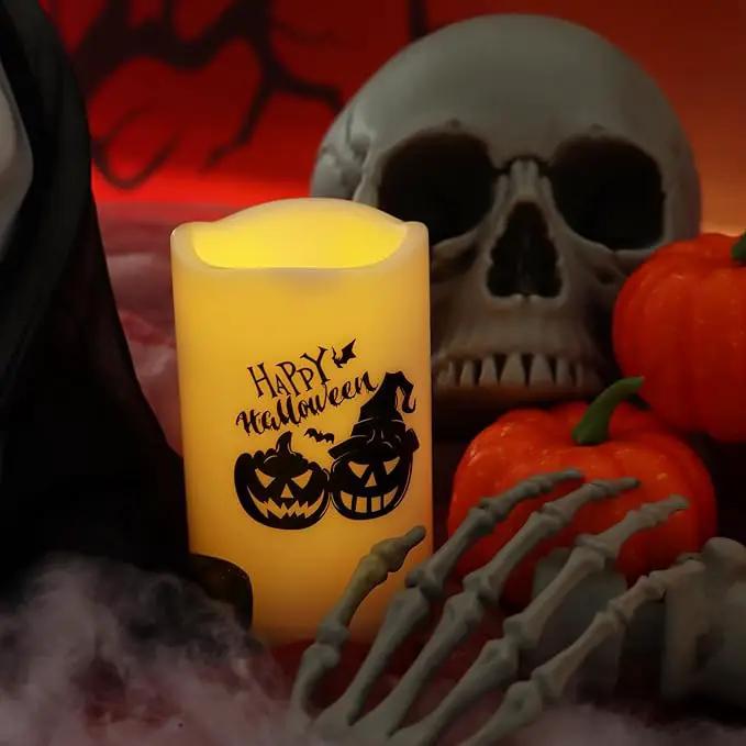 Halloween Outdoor Battery Operated Flameless Pillar Candles with Auto Daily Timer Waterproof Realistic Flickering Electric LED Lights with Pumpkin Witch Decals Halloween Decorations 2 Pack 3X5” by GreenHaven Gardens