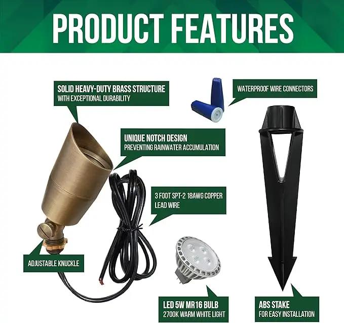 GKOLED Solid Brass Low Voltage Compact Spotlight, 12V AC/DC Waterproof Outdoor Landscape Spot Lights for House Trees Garden Yard Lawn, Up Light with 5W 2700K MR16 Bulb, Stake Included, 12 Pack by GreenHaven Gardens