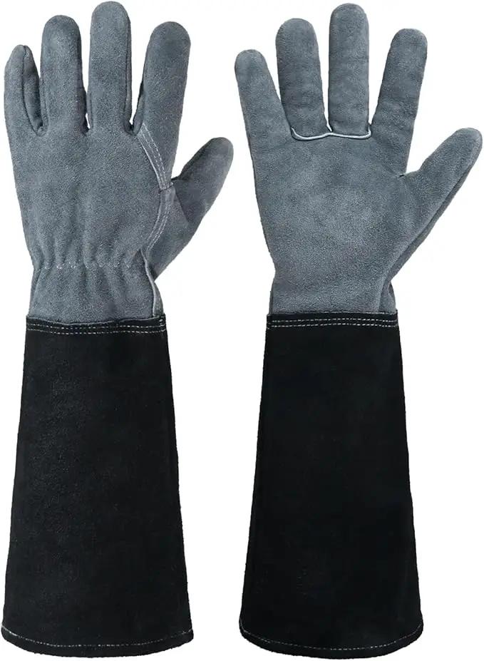 HANDLANDY Long Gardening Gloves for Men & Women, Cowhide Leather Rose Pruning Gloves, Breathable Thorn Proof Gauntlet Glove (Dark Grey-Black, XL) by GreenHaven Gardens
