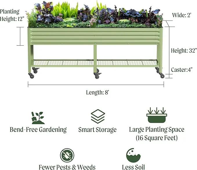 Rolling Elevated Raised Garden Bed-V Series, 2' x 8' Garden Beds with Legs & Storage Rack for Patio & Porch, 1400 Lbs Weight Capacity, Outdoor Planter Box for Vegetables Flower Herbs, Olive Green by GreenHaven Gardens