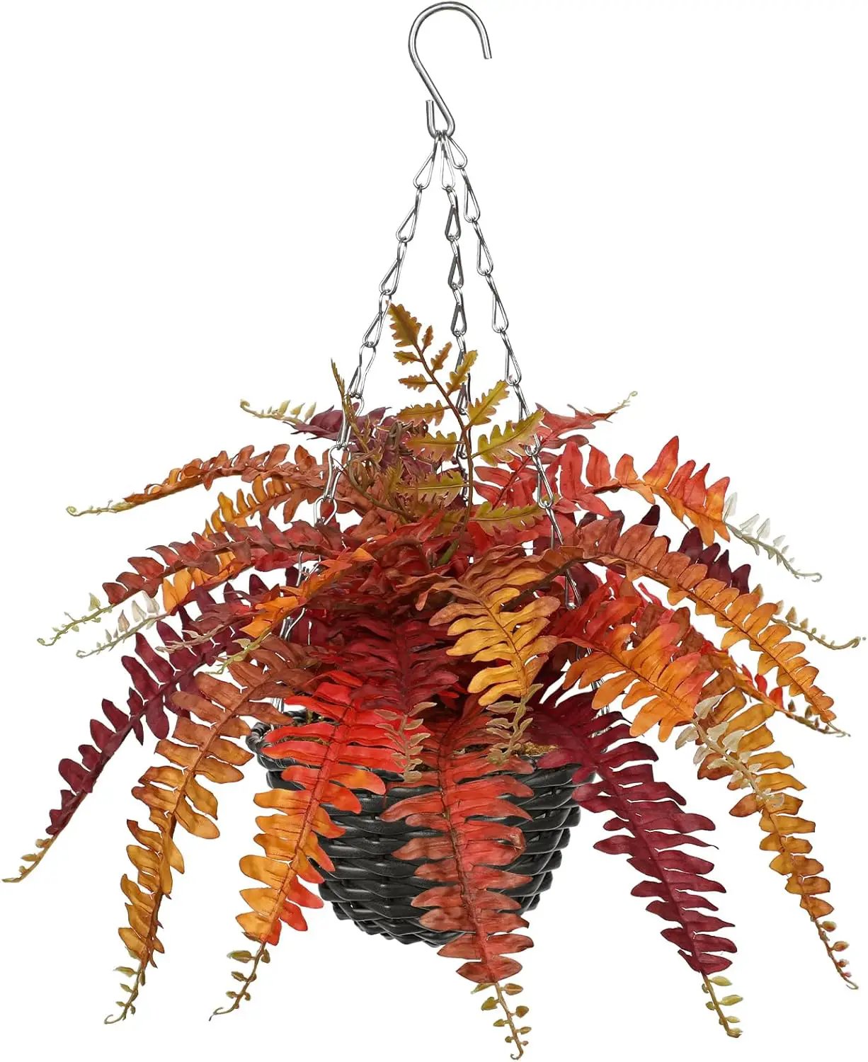 Hollyone Fall Hanging Baskets Small Artificial Fern Orange 21 Leaves Fall Hanging Decor Plant Boston Ferns Silk Plants with Black Rattan Baskets Outdoors Indoor Fake Fern Autumn Decorations for Home by GreenHaven Gardens