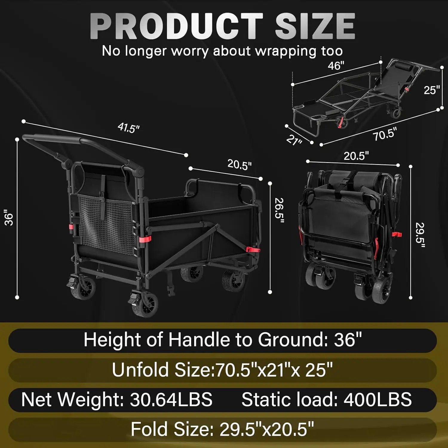 LEVELEVE Heavy Duty Folding Wagon - 2-in-1 Collapsible Cart, 400lb Capacity, All-Terrain Wheels w/Brakes & Side Pockets (Black) by GreenHaven Gardens