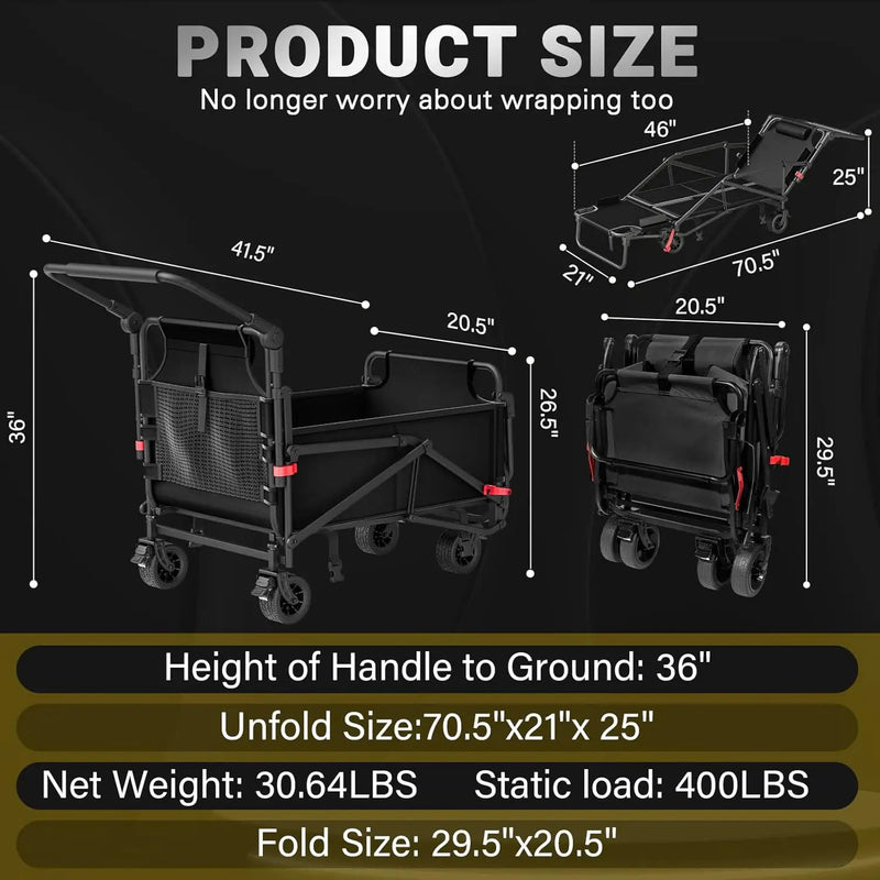 LEVELEVE Heavy Duty Folding Wagon - 2-in-1 Collapsible Cart, 400lb Capacity, All-Terrain Wheels w/Brakes & Side Pockets (Black) by GreenHaven Gardens