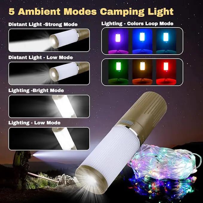 Camping Lantern with 49.2FT String, 2 in 1 Outdoor RGB String Lights with 4 Modes & 5 Modes Rechargeable Camping Lamp IPX4 Waterproof Portable LED Tent Light for Outdoor Yard Garden Decoration by GreenHaven Gardens