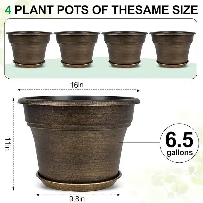 16 inch Plant Pots Outdoor Planters，4 Pack Large Plastic Flower Pot for Indoor Plants with Drainage Holes & Saucer, Resin Decorative Container Sets with Trays for House Outdoor Garden Plant Dark Gold by GreenHaven Gardens