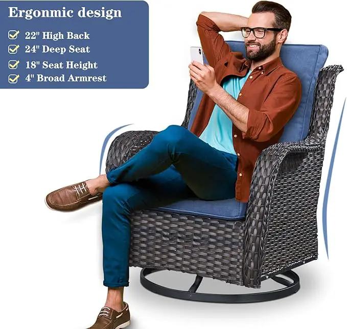 Wicker Outdoor Furniture Patio Furniture Set - 6 Piece Patio Conversation Set with Swivel Rocker Chairs, Loveseat Sofa, Ottomans and Coffee Table, Blue Cushion by GreenHaven Gardens