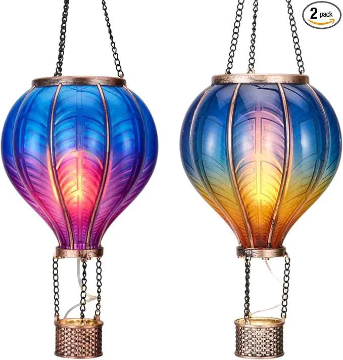 TERESA'S COLLECTIONS 2 Pack Hanging Solar Lantern Outdoor Garden Decor for Valentine,Waterproof Plastic Hot Air Balloon Blue Flickering Flame Effect Lantern for Yard Tree,Gift for Mom,18" by GreenHaven Gardens