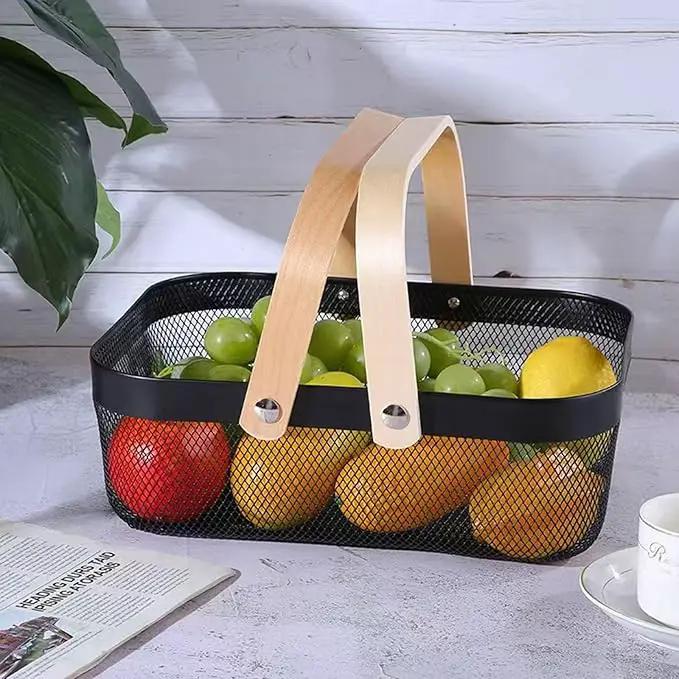 Metal Mesh Steel Basket, Storage Organizer Basket Garden Harvest Basket Multi-functional Kitchen Fruit Baskets Bin with Wooden Handle for Bathroom Picnic Shopping Decor Cabinet Home, Black by GreenHaven Gardens