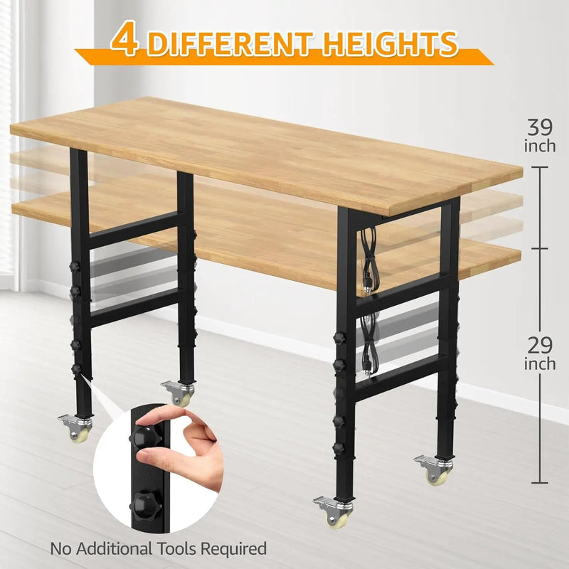 60" Adjustable Workbench,Heavy-Duty Work Table,3000 LBS Load Capacity Hardwood Workstation Outlets with Power Strips and Wheels,for Workshop, Garage by GreenHaven Gardens