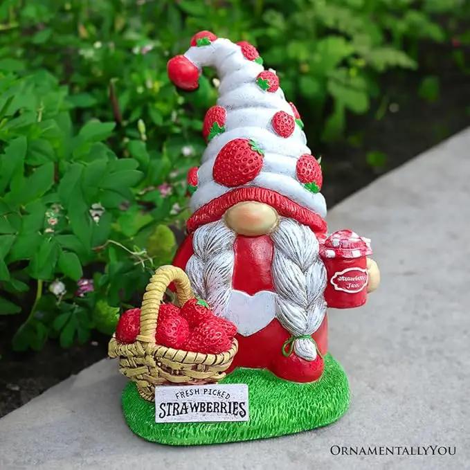 Spring & Summer-Themed Garden Statues – Adorable Outdoor Decor for Lawn, Patio & Porch (Charming Homestead Strawberry Gnome Garden Statue, 9.5" Farmhouse Style Unique Fruit Home Decor) by GreenHaven Gardens