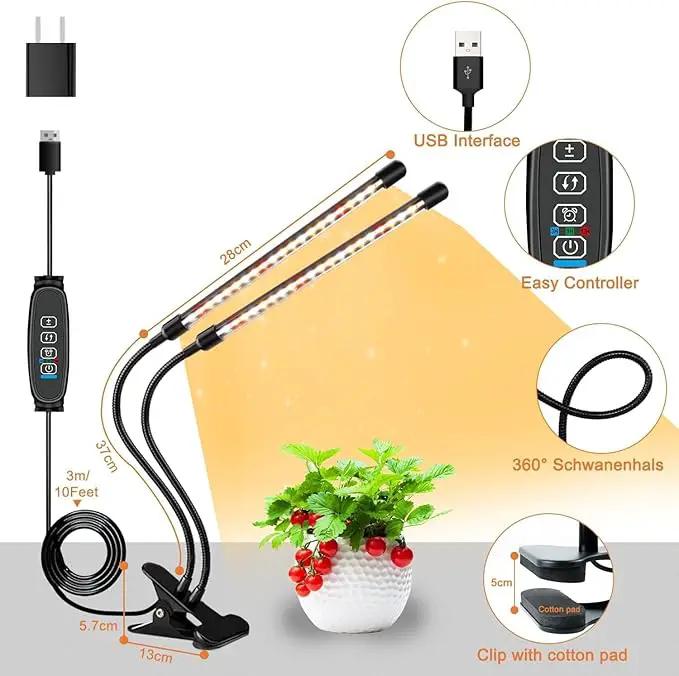 Full Spectrum Dual Heads Clip Grow Lights for Indoor Plants with 3/9/12H Timer Dimmer and 10 feet Cables for Plant Growing(Adapter Included) by GreenHaven Gardens