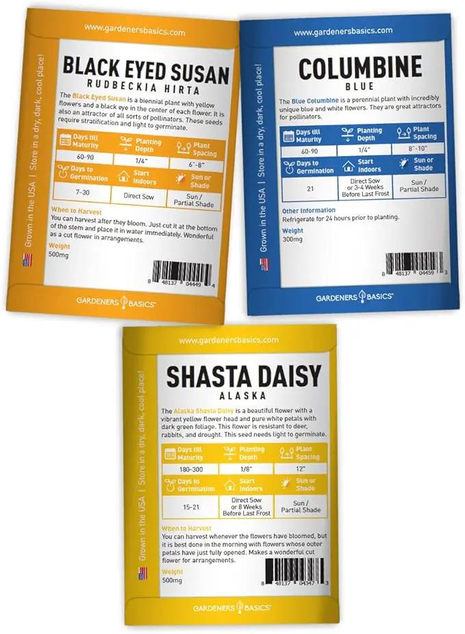 Gardeners Basics, Perennial Flower Seeds for Planting Outdoors (5 Variety Pack) Lupine, Columbine, Echinacea Purple Coneflower, Black Eyed Susan, Shasta Daisy for Pollinators Wildflower Seed by GreenHaven Gardens