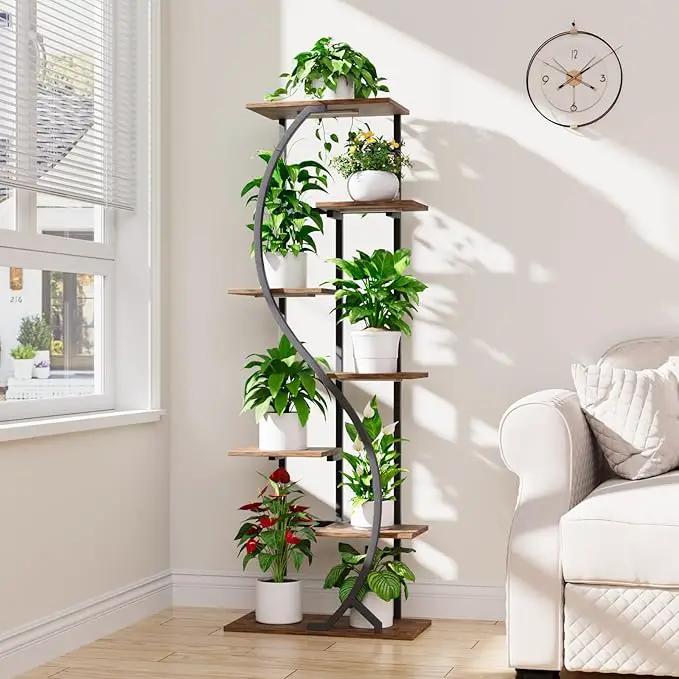 59" Tall Plant Stand with Grow Light Indoor, 7 Tiered Metal Plant Shelf, S-Shaped Flower Display Stand, Corner Storage Shelf for Living Room, Patio, Balcony Decor by GreenHaven Gardens
