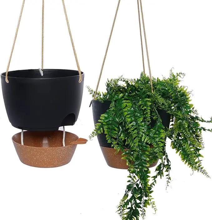 8 inch Hanging Planters, 2 Pack Self Watering Hanging Pots with 20oZ Deep Reservoir for Indoor Outdoor Plants Flowers, Black with Brown by GreenHaven Gardens