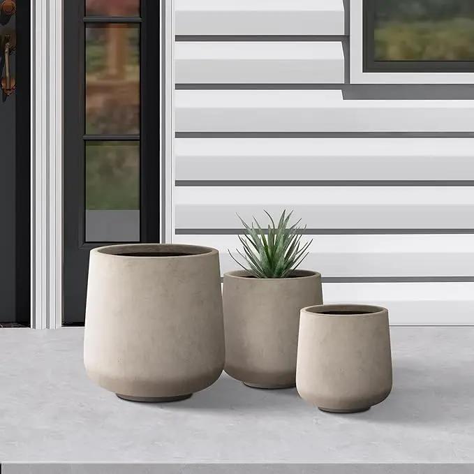 Kante 15.3"+11.6"+8.2" Dia Round Concrete Planter, Large Outdoor Indoor Planter Pots Containers with Drainage Holes and Rubber Plug for Home Garden Patio, Buff Concrete by GreenHaven Gardens