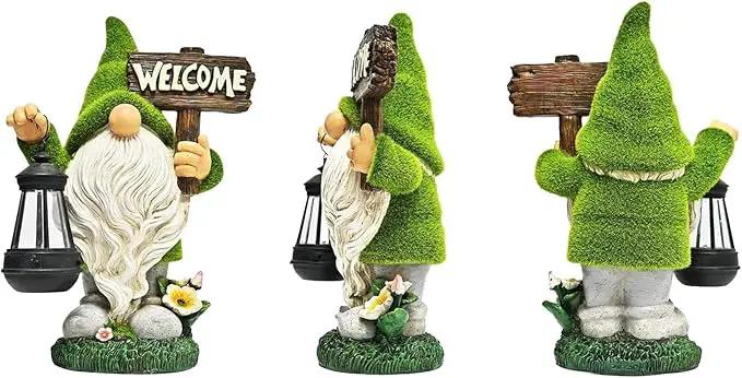Garden Gnome Statue Outdoor Decor Large Flocked Resin Gnome Figurine with Solar Light Holding Lantern Welcome Sign Garden Yard Decorations Dwarf Sculpture for Outside Patio Porch Lawn Decor. by GreenHaven Gardens