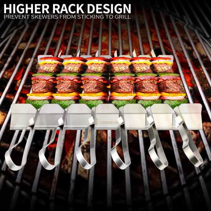 Kabob Skewers Stainless Steel Long BBQ Barbecue Skewers, Flat Metal Kebob Sticks Wide Reusable Grilling Skewers for Meat Chicken,Set of 9 Including 2 barbeecue rack with Storage Bag by GreenHaven Gardens
