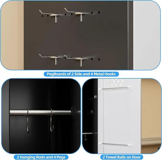 72''H Metal Broom Closet Storage Cabinet with Wheels & Pegboards, Mops Broom Closet Organizer with Locking Door & Hanging Rod,Cleaning Tool Garage Cabinet,Assembly Required,Black White by GreenHaven Gardens