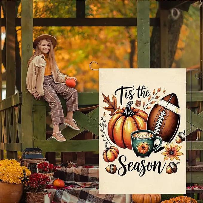 Tis the Season Fall Garden Flag Autumn Football Pumpkin Garden Flag 12x18 inch Double Sided Fall Thanksgiving Flags for Yard Home Porch Lawn (Flay 1804) by GreenHaven Gardens