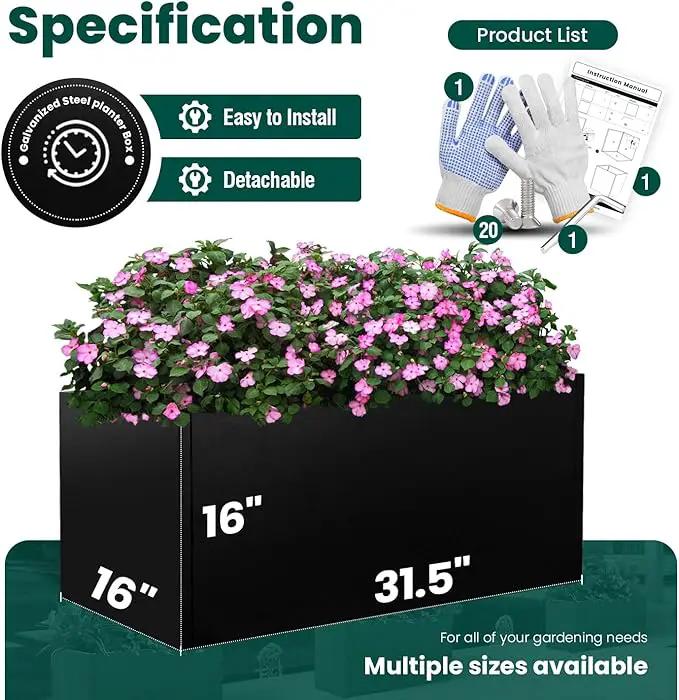 Galvanized Steel Metal Planter Rectangular Indoor Black Planter Box Large Outdoor Planters Steel 31.5" x 16" x 16" Commercial Residential for Patio, Deck, Garden by GreenHaven Gardens