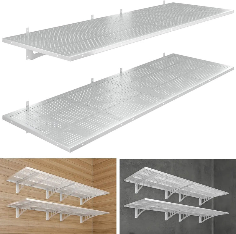 4-Pack 2x3ft Heavy Duty Garag e Wall Shelving, 1000 lbs Load Capacity, Garage Shelving Wall Mounted, Garage Storage Rack with Hooks, White by GreenHaven Gardens