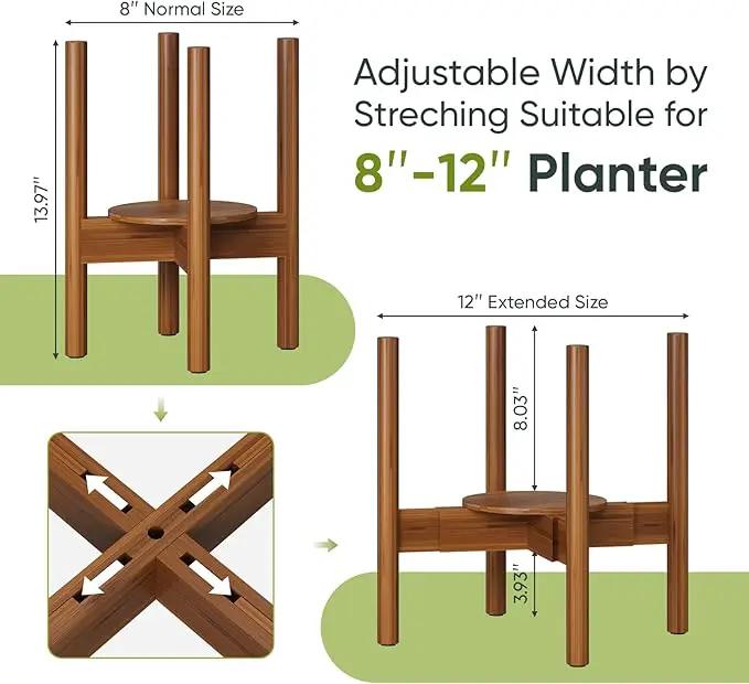 2 Pack Adjustable Plant Stand, Bamboo Plant Stand Indoor with Tray, Wood Plant Stand for 8 to 12 inches Flower Pots, Single Mid Century Modern Plant Stand for Indoor Plants, Walnut by GreenHaven Gardens